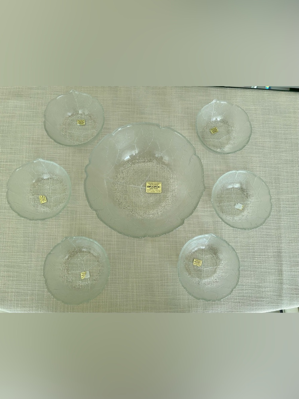 VTG Arcoroc France Aspen Leaf Salad Bowl Set 7 Piece -Tempered Glass. NWT!! RARE